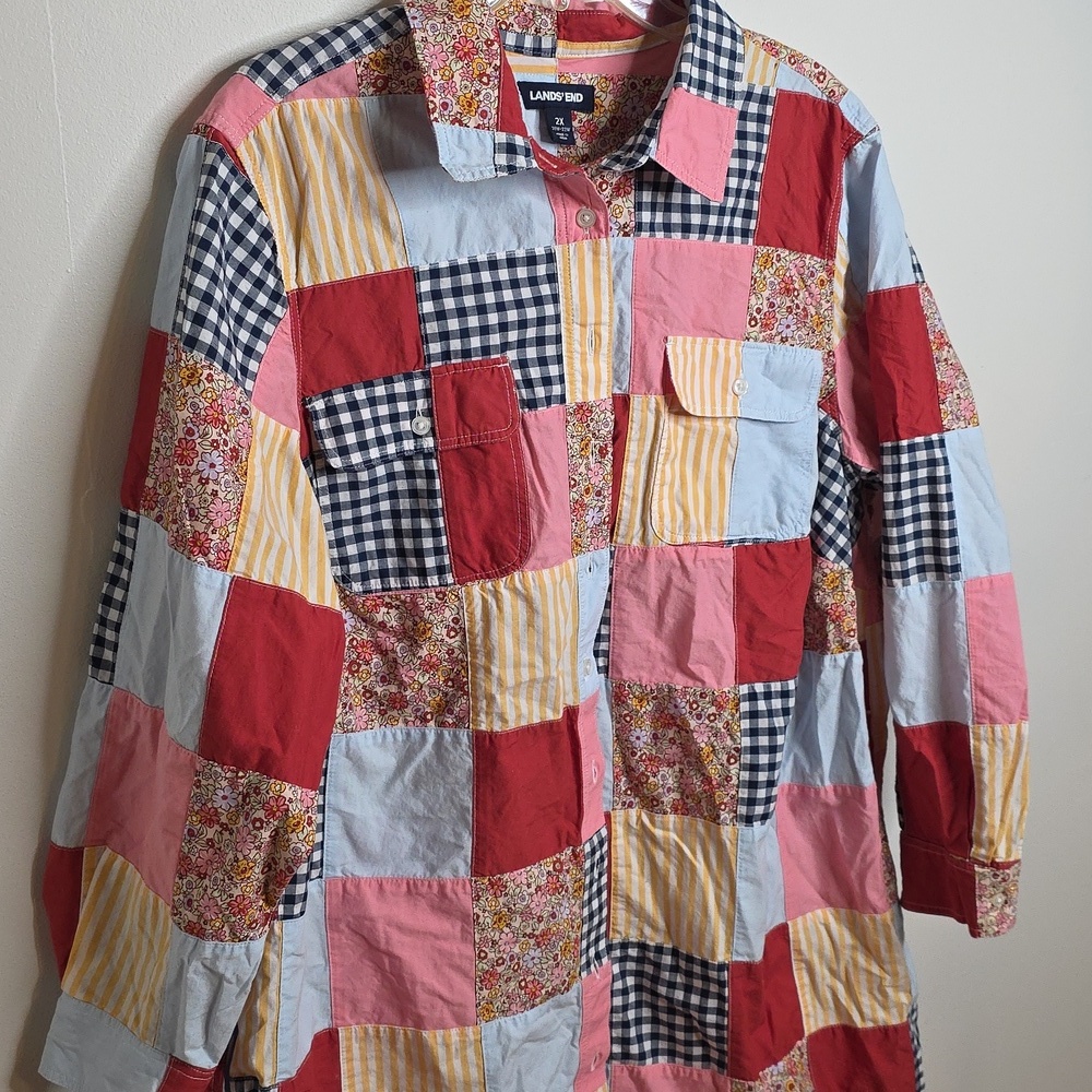 Colorful Patchwork  Lands End 2X Button-Up Dress - Picture 3 of 4